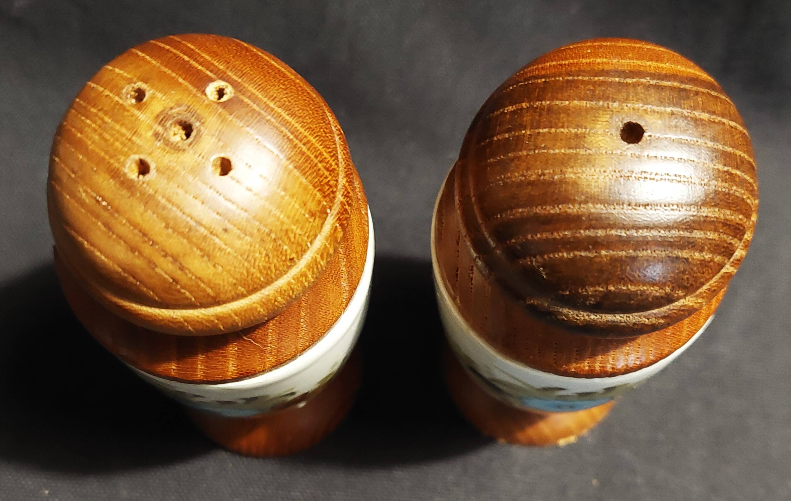Pair of vintage ceramic and wood salt and pepper shakers