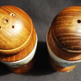 Pair of vintage ceramic and wood salt and pepper shakers