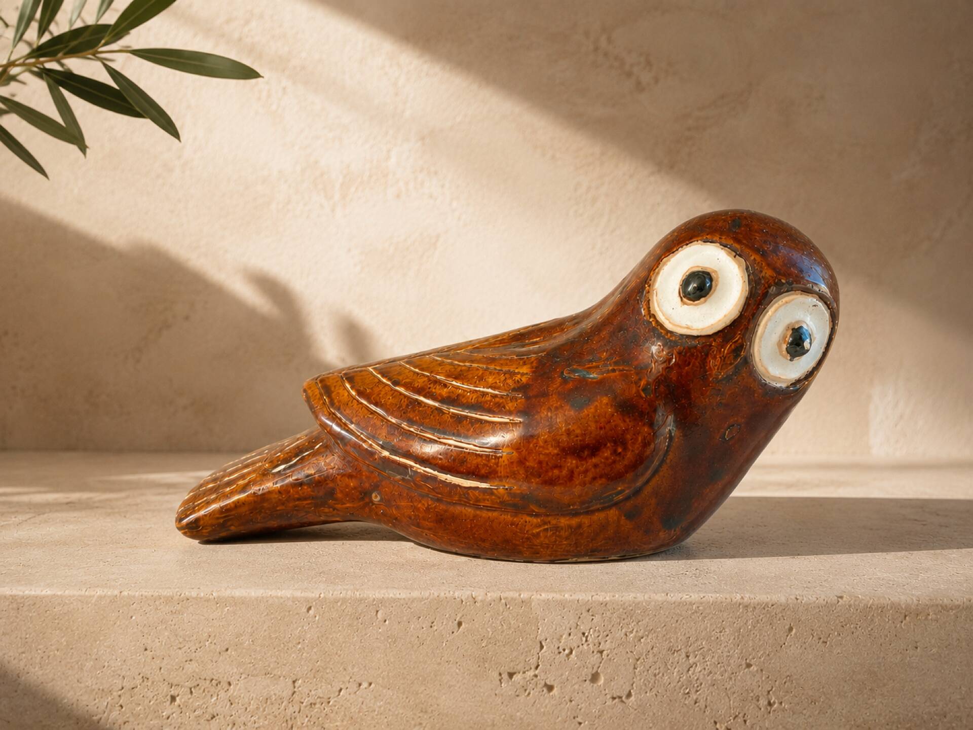 Large glazed ceramic owl sculpture signed