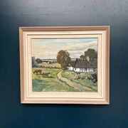 Swedish Oil on Canvas – “Farms with Grazing Cows” by Hjalmar Lindblom