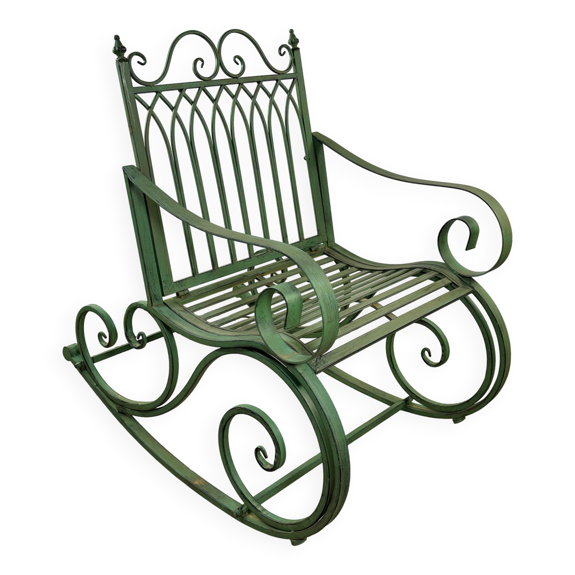 Rocking-chair en fer forgé vert patiné