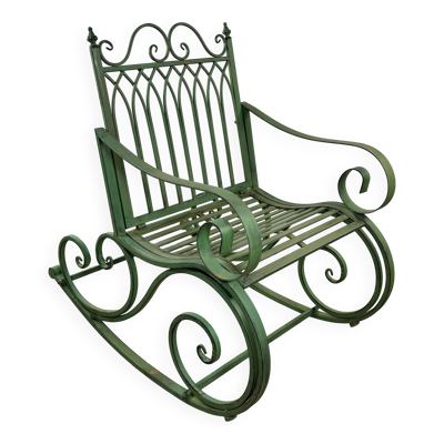 Rocking-chair en fer forgé vert patiné