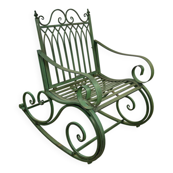 Rocking-chair en fer forgé vert patiné