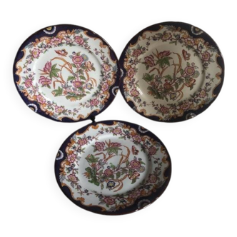 Antique Sarreguemines Dessert Plates: Hand-Painted Floral Ceramic, Set of 3