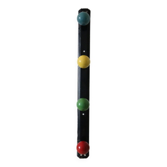 Wall-mounted coat rack, metal and colored wooden hook, 1960