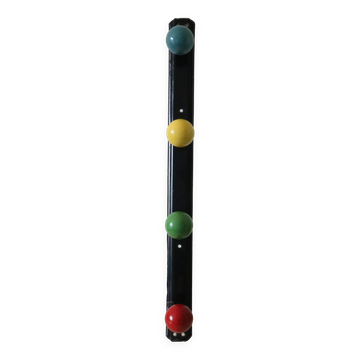 Wall-mounted coat rack, metal and colored wooden hook, 1960