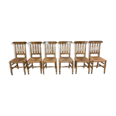 Set of 6 french provincial farmhouse dining chairs with rush woven wicker seat, ca 1880