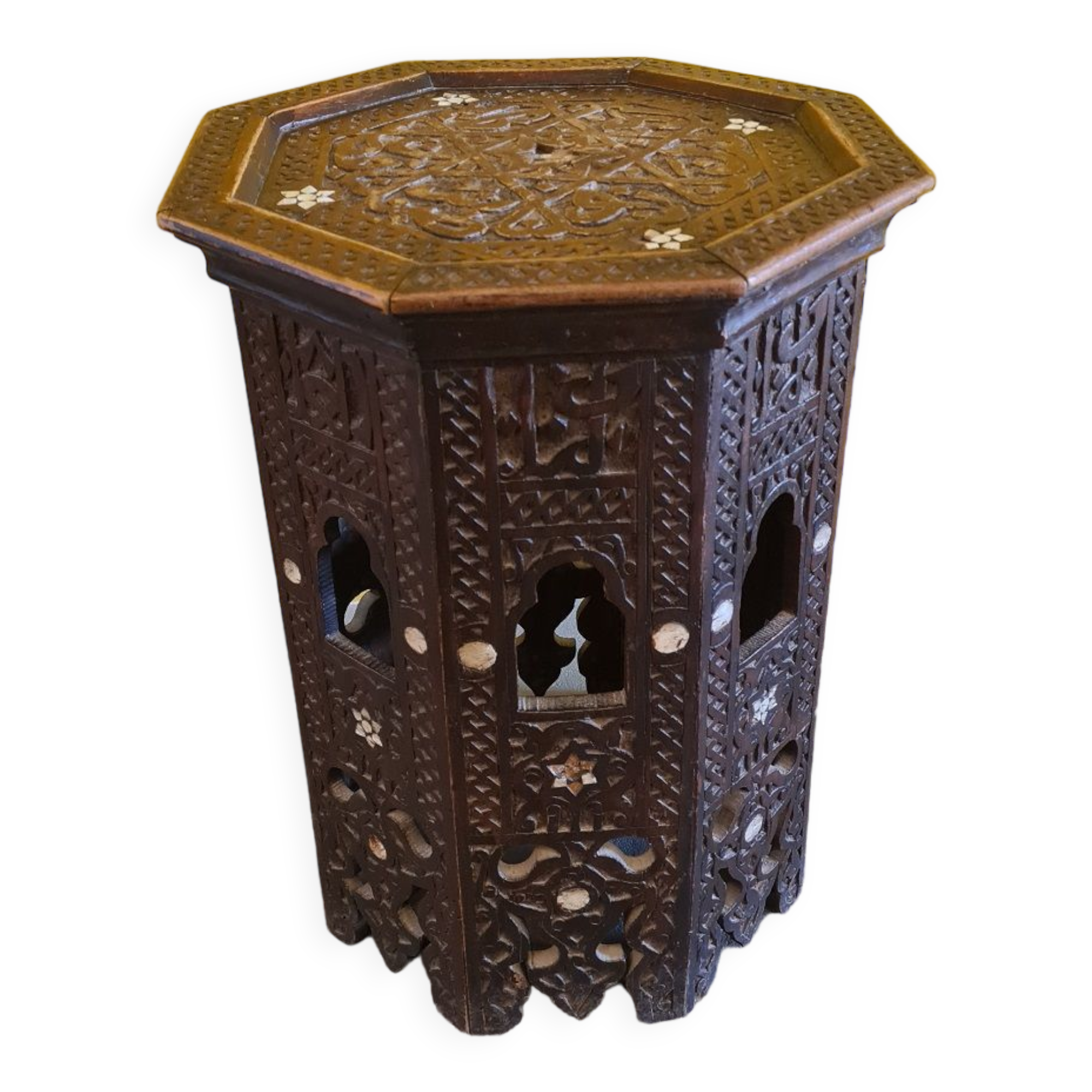 Old oriental wooden side table with mother of pearl, 1st half 20th century