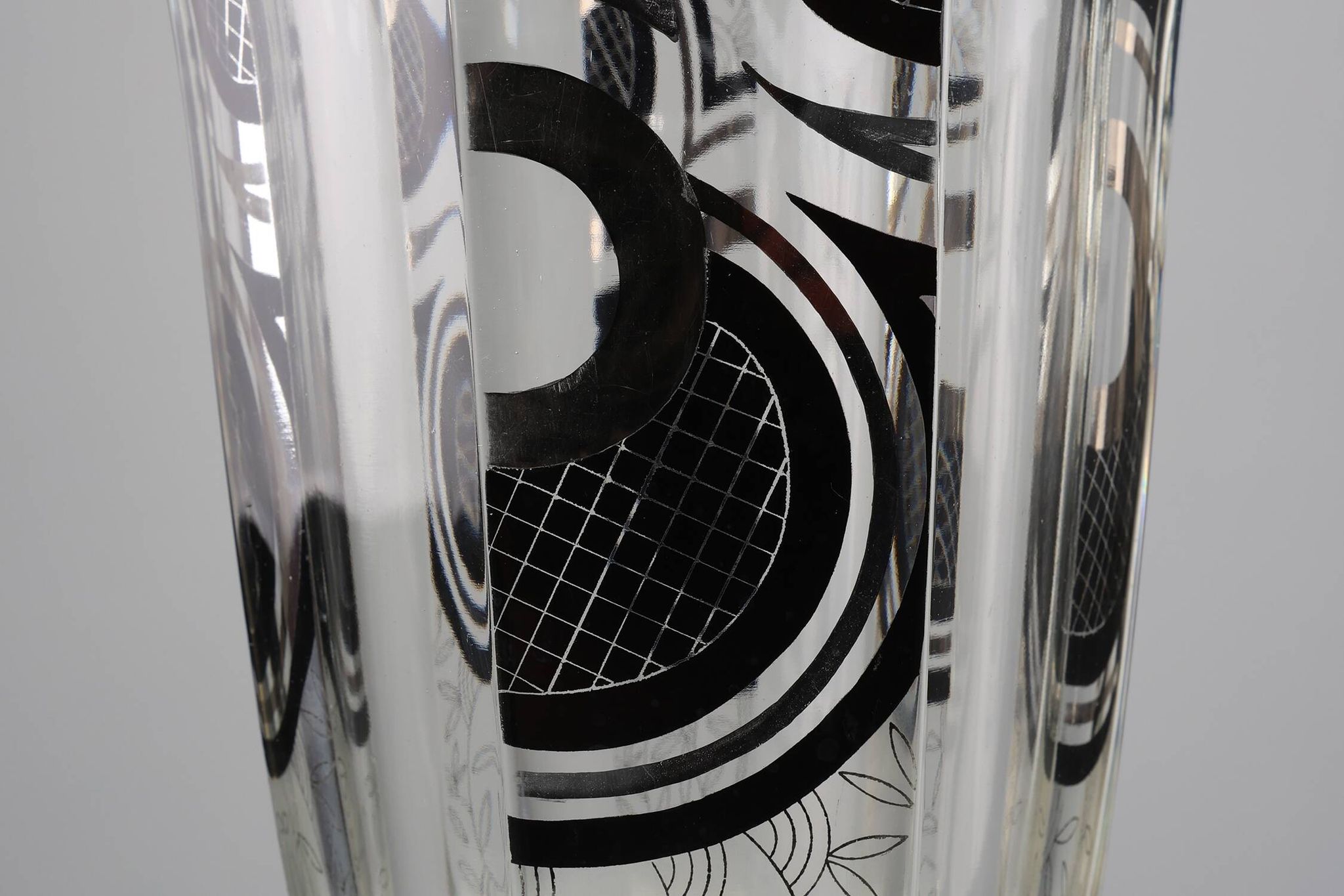 Art Deco Glass Vase with Black Graphic Decoration, France, circa 1940