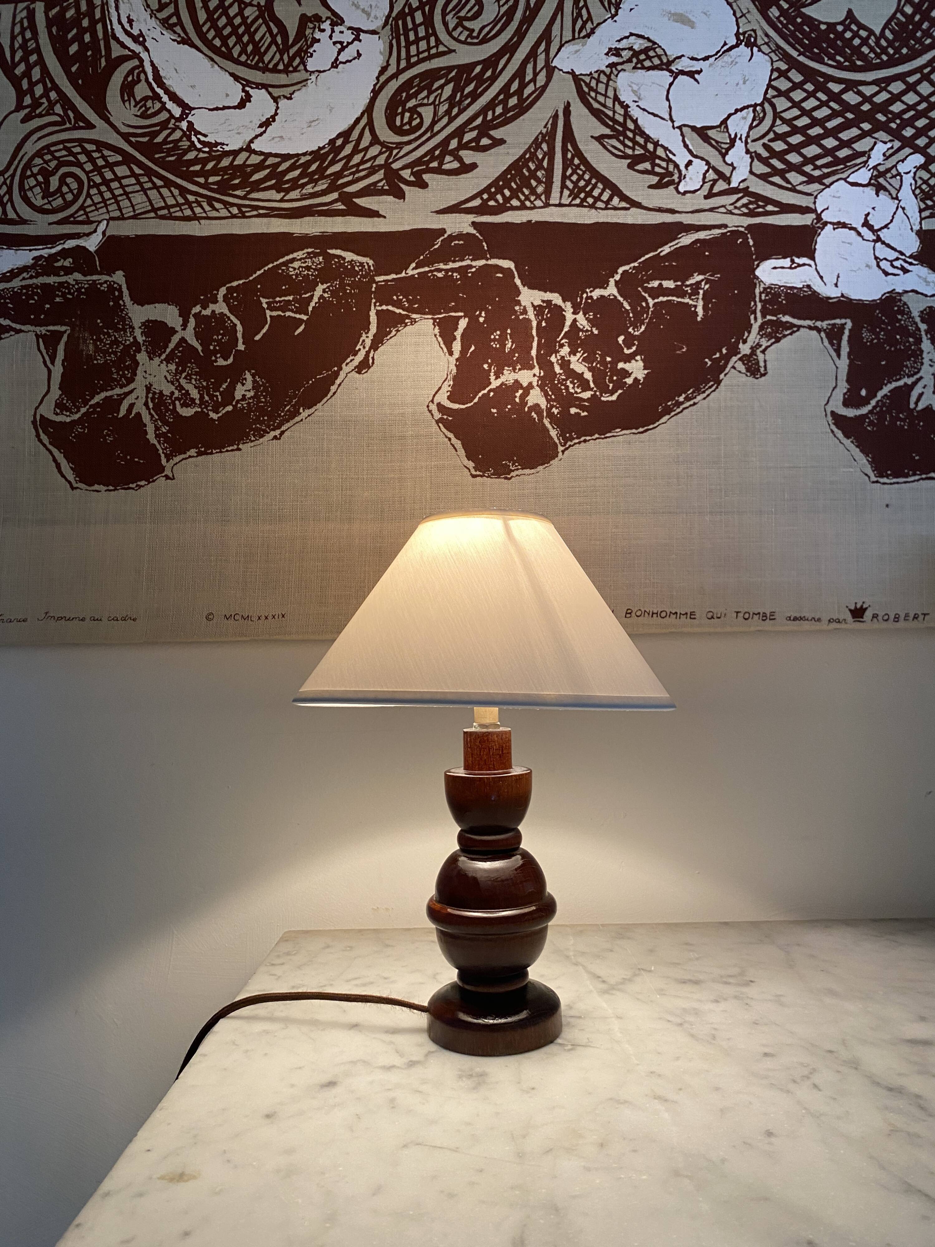 Lampe bois, câble neuf soie, abat-jour neuf