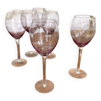 6 large vintage stemmed glasses in mauve chiseled glass