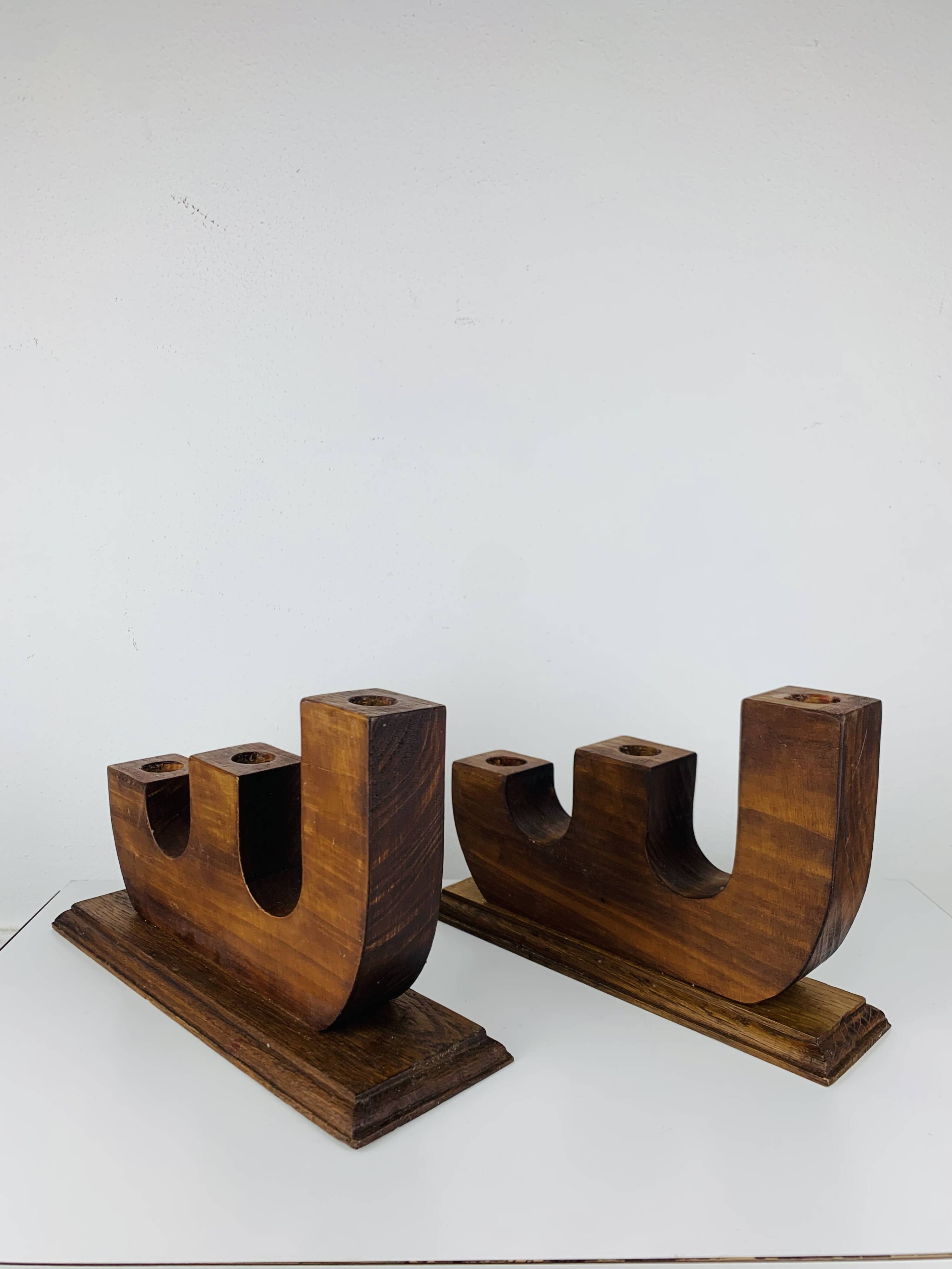 Pair of brutalist wooden candlesticks, 1960s