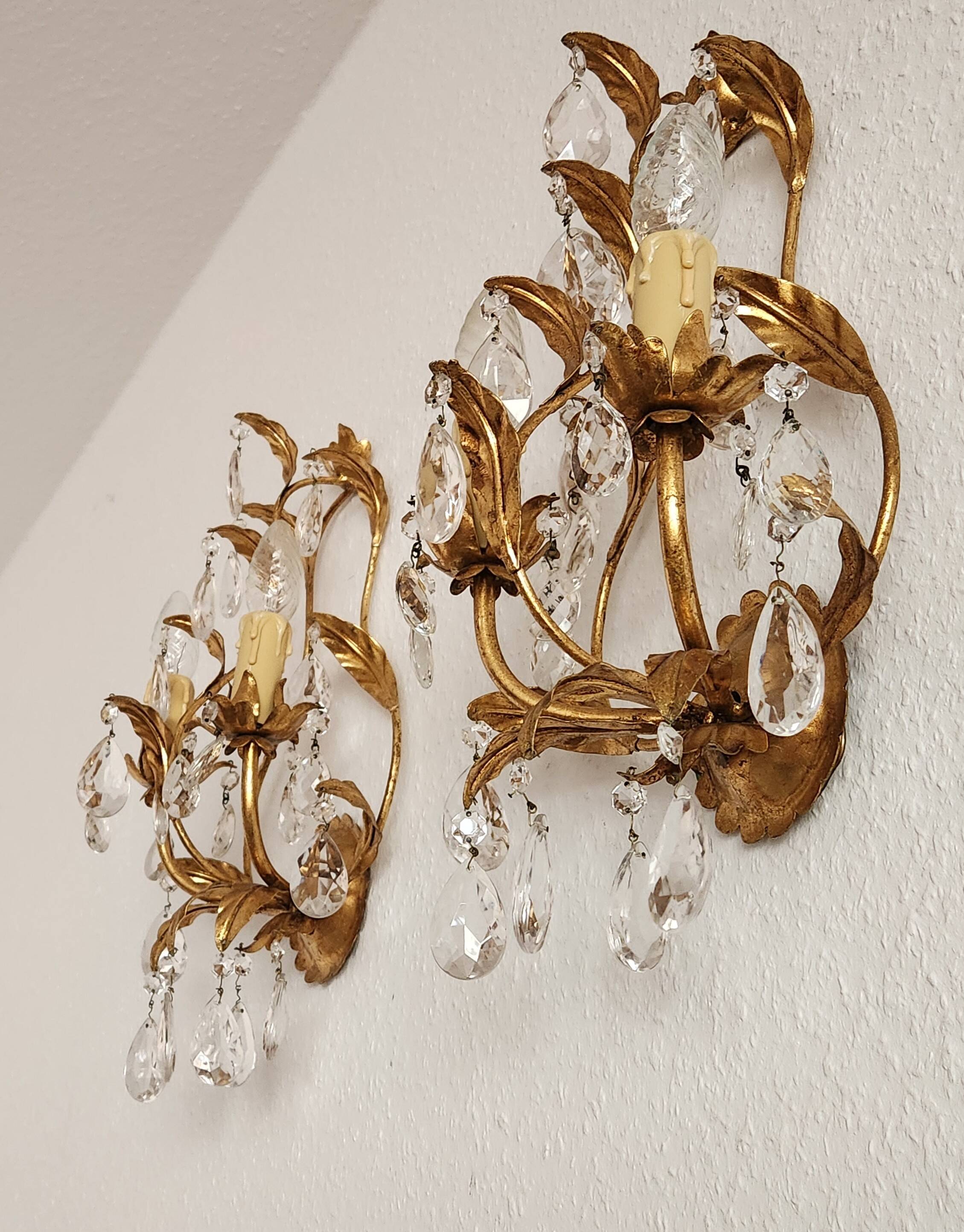 Hand-forged wall lamp gilded with gold leaf and crystals, Italy