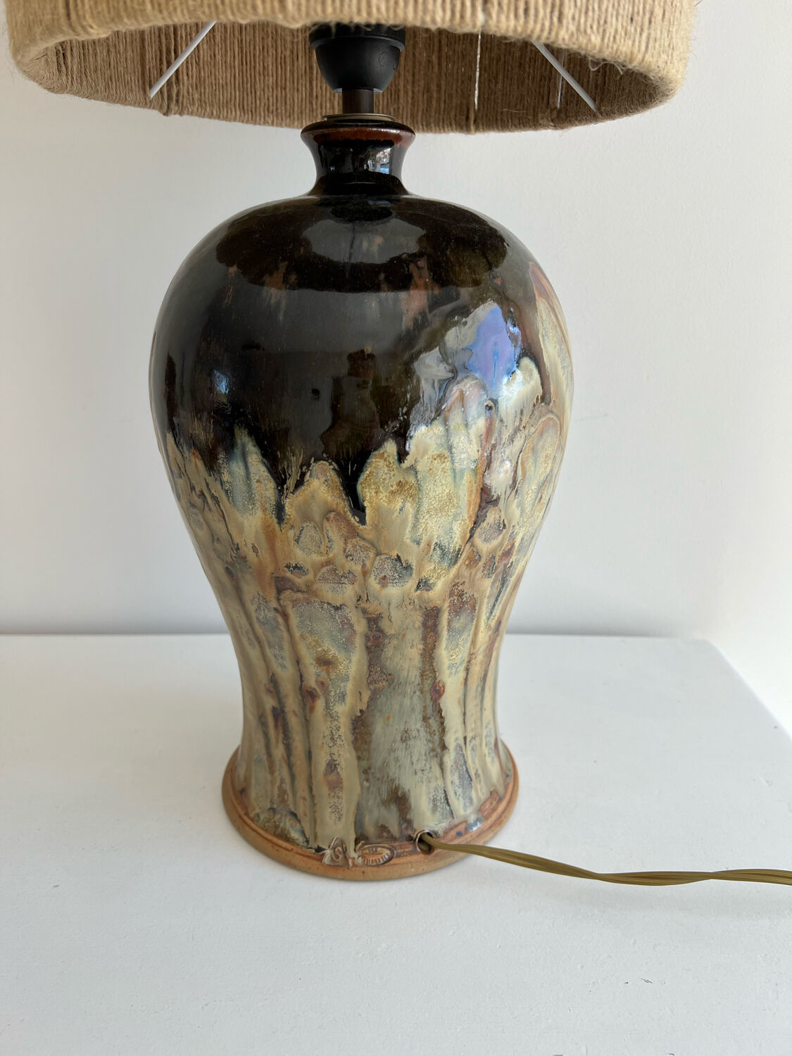 Flamed stoneware lamp and rope lampshade