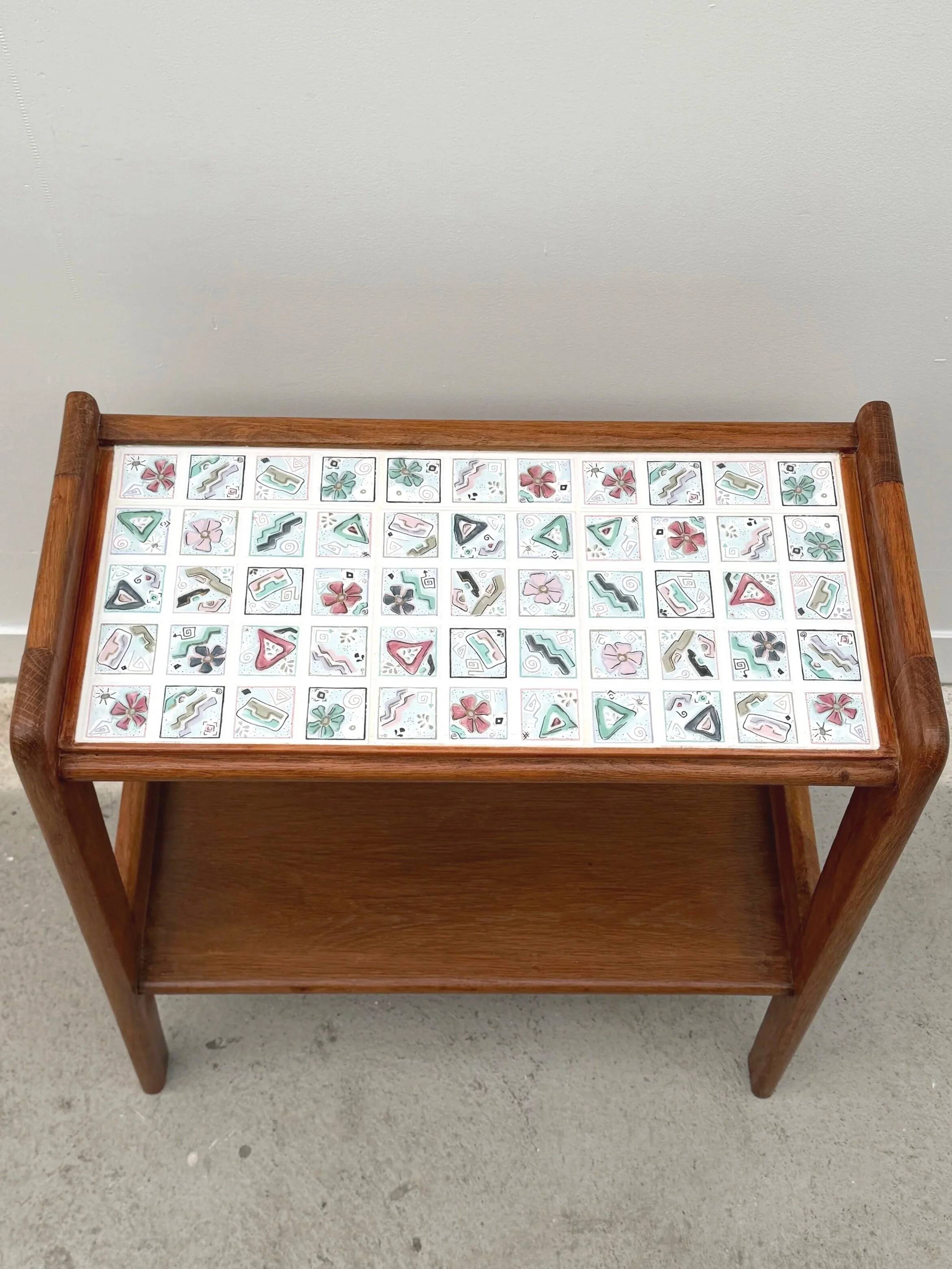 Side table in wood and ceramic, France 1950
