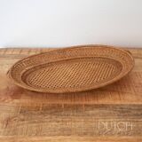Panier vintage en rotin tissé à la main, tissage en dentelle ouverte, plat à bibelots en osier