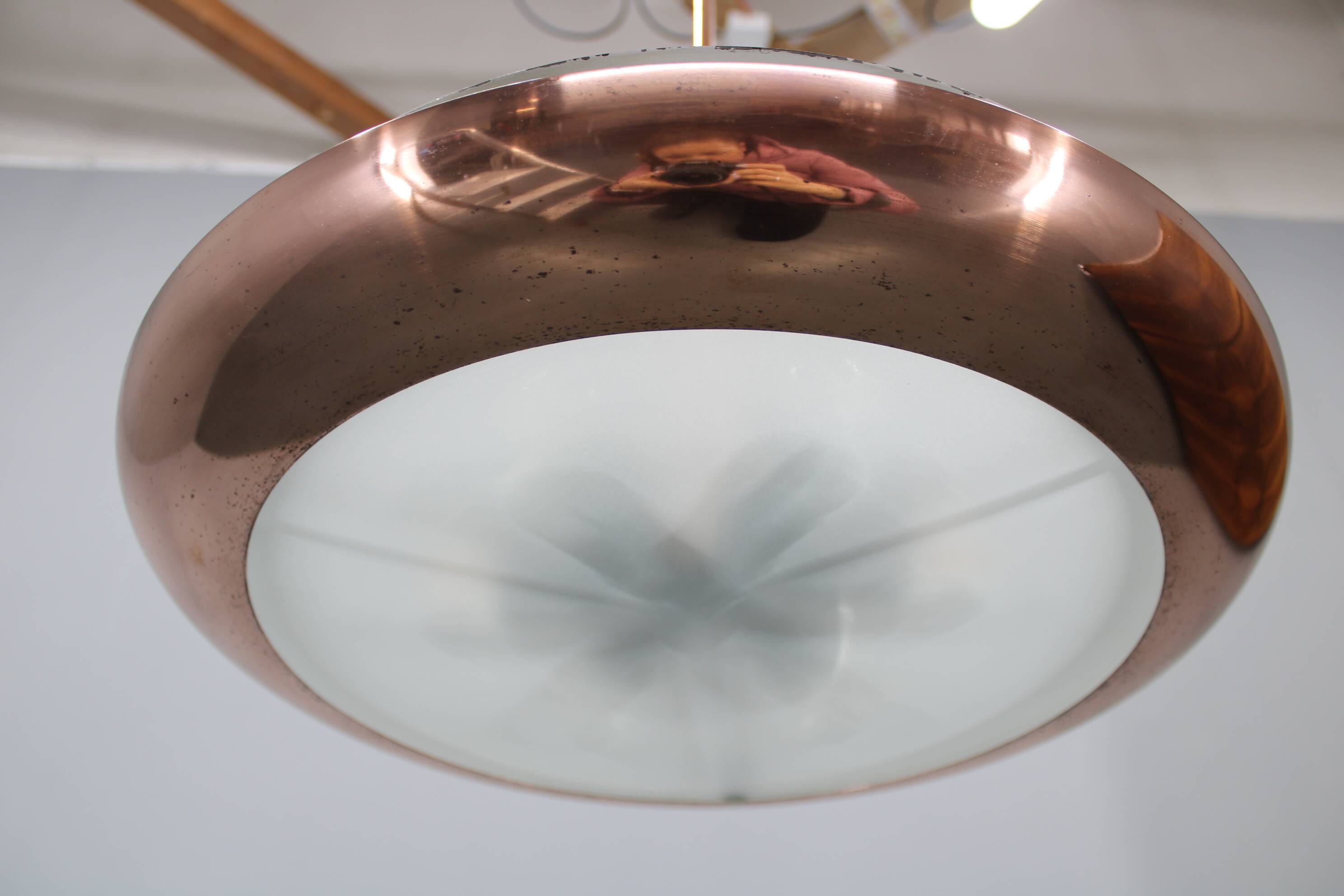 1930s "ufo" chandelier in copper finish by josef hurka, czechoslova
