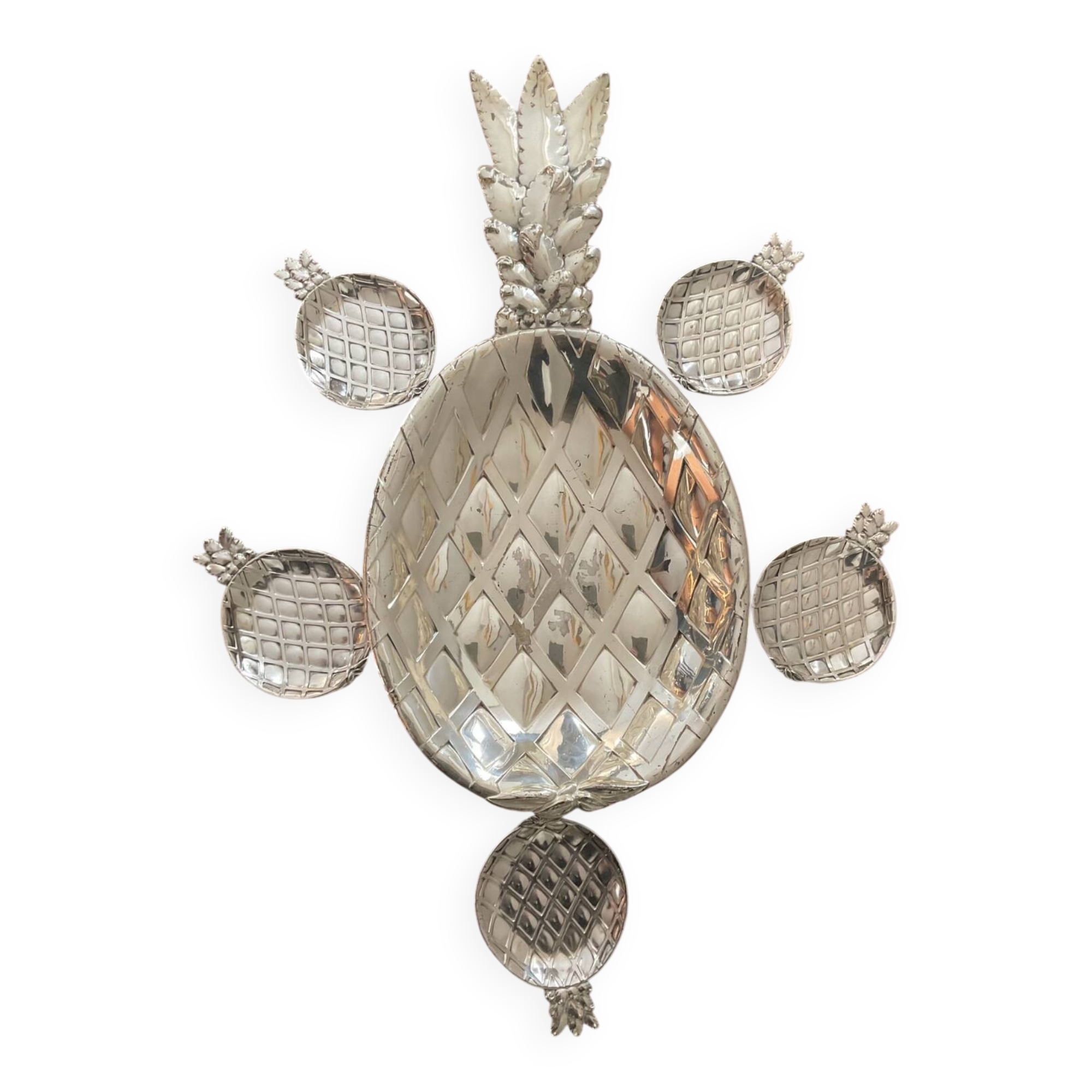 Pineapple cup series and 5 silver metal bowls