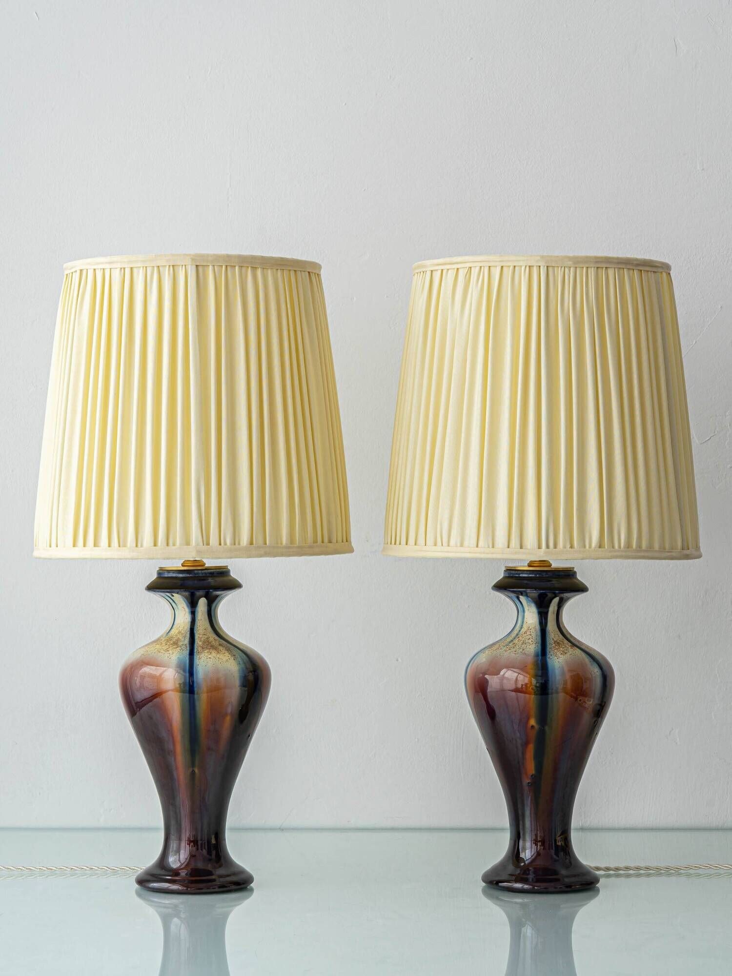 Pair of Art Deco Ceramic Table Lamps, Flambé Glaze, Belgium, 1920s, New Lampshades