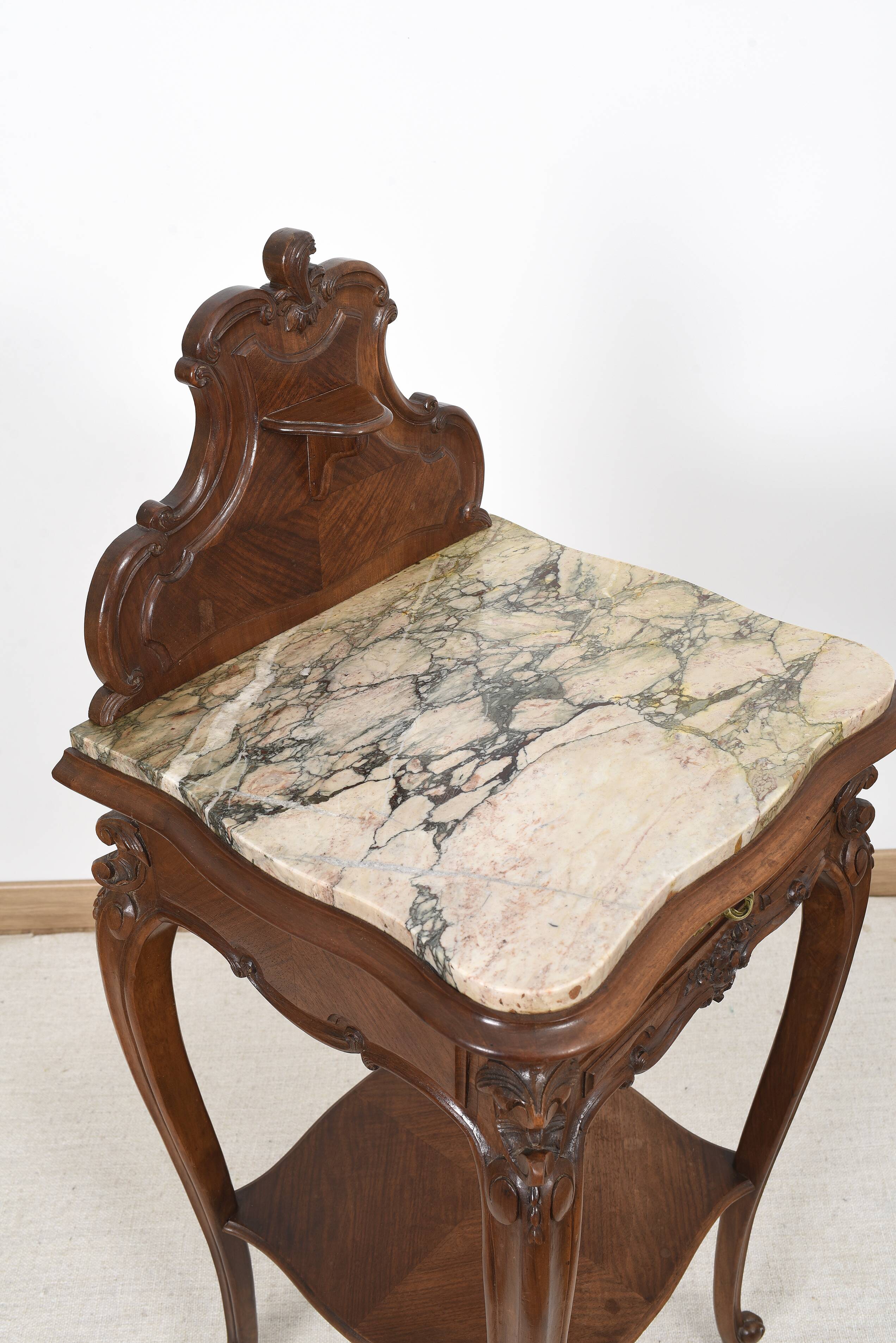 Pedestal table, old bedside table, Louis XV style, in wood and marble