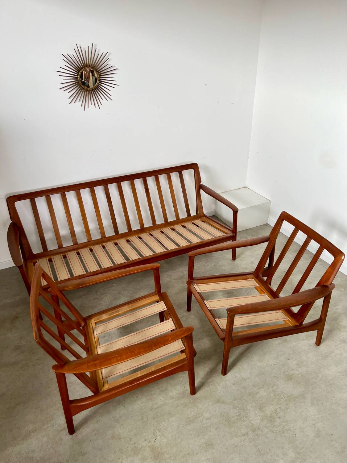 Living room set sofa armchair coffee table Scandinavian design 60s Swedish vintage teak