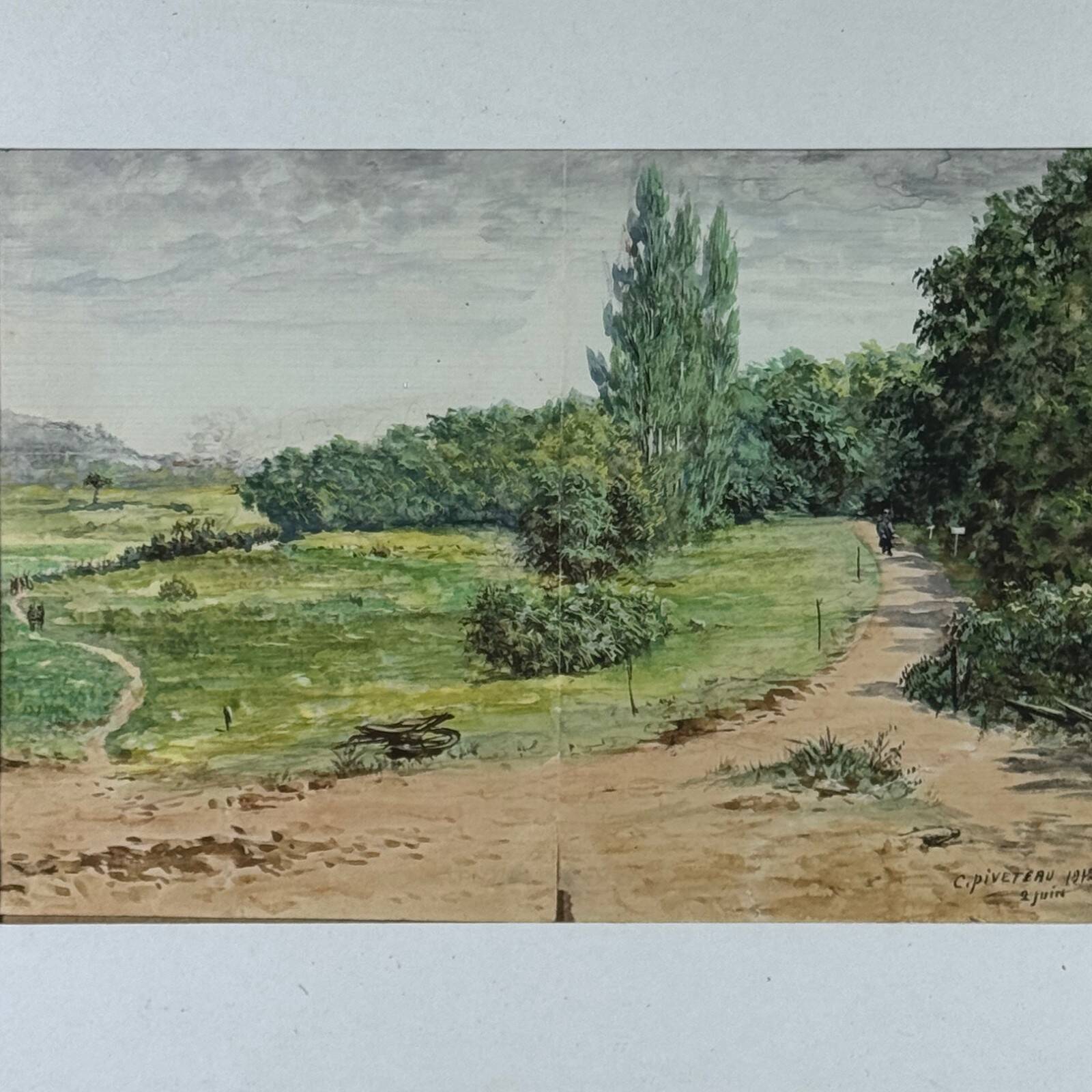 Watercolour on paper depicting a path by C. Piveteau 1915