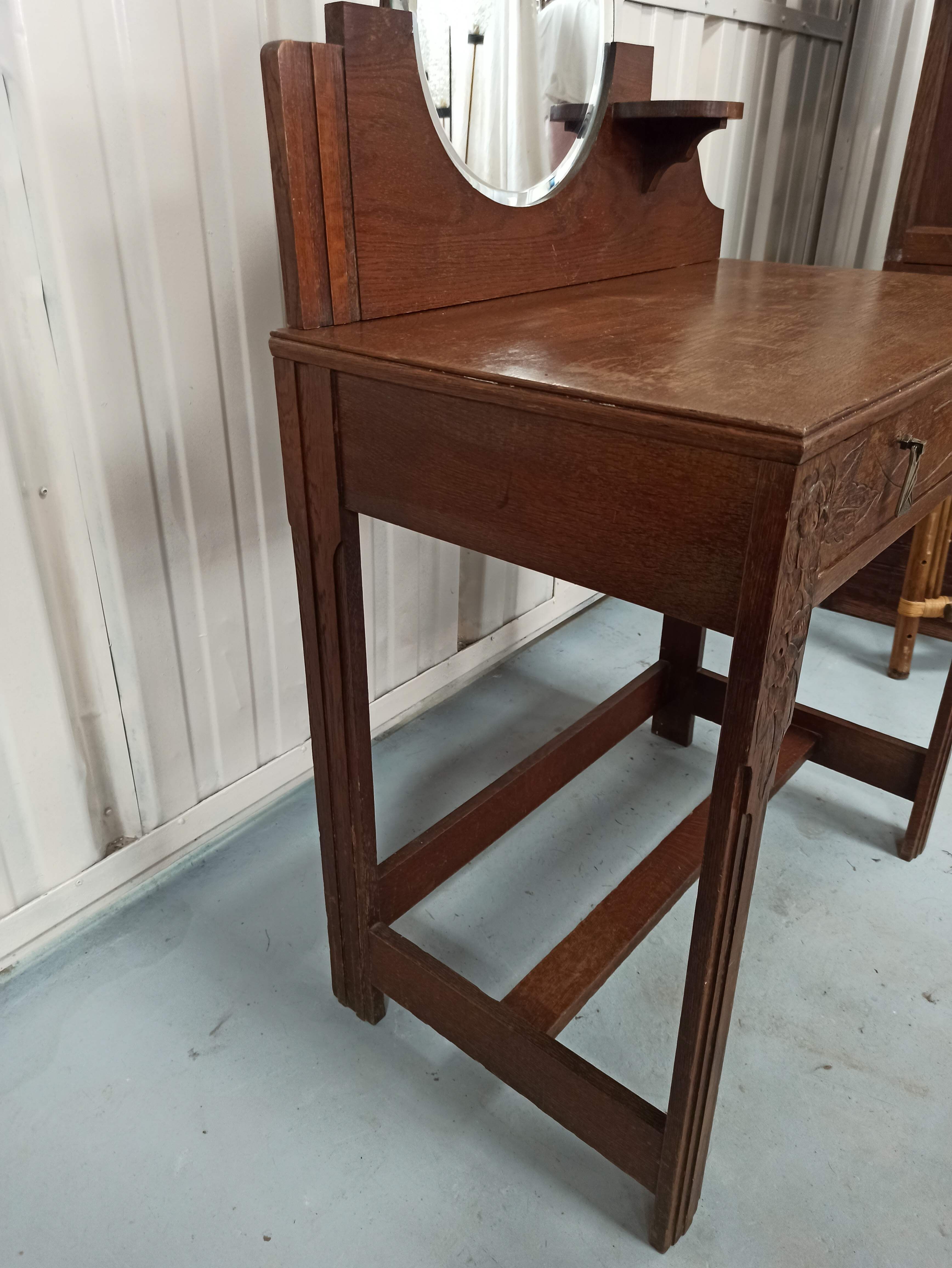 Art deco wooden dressing table oak round mirror