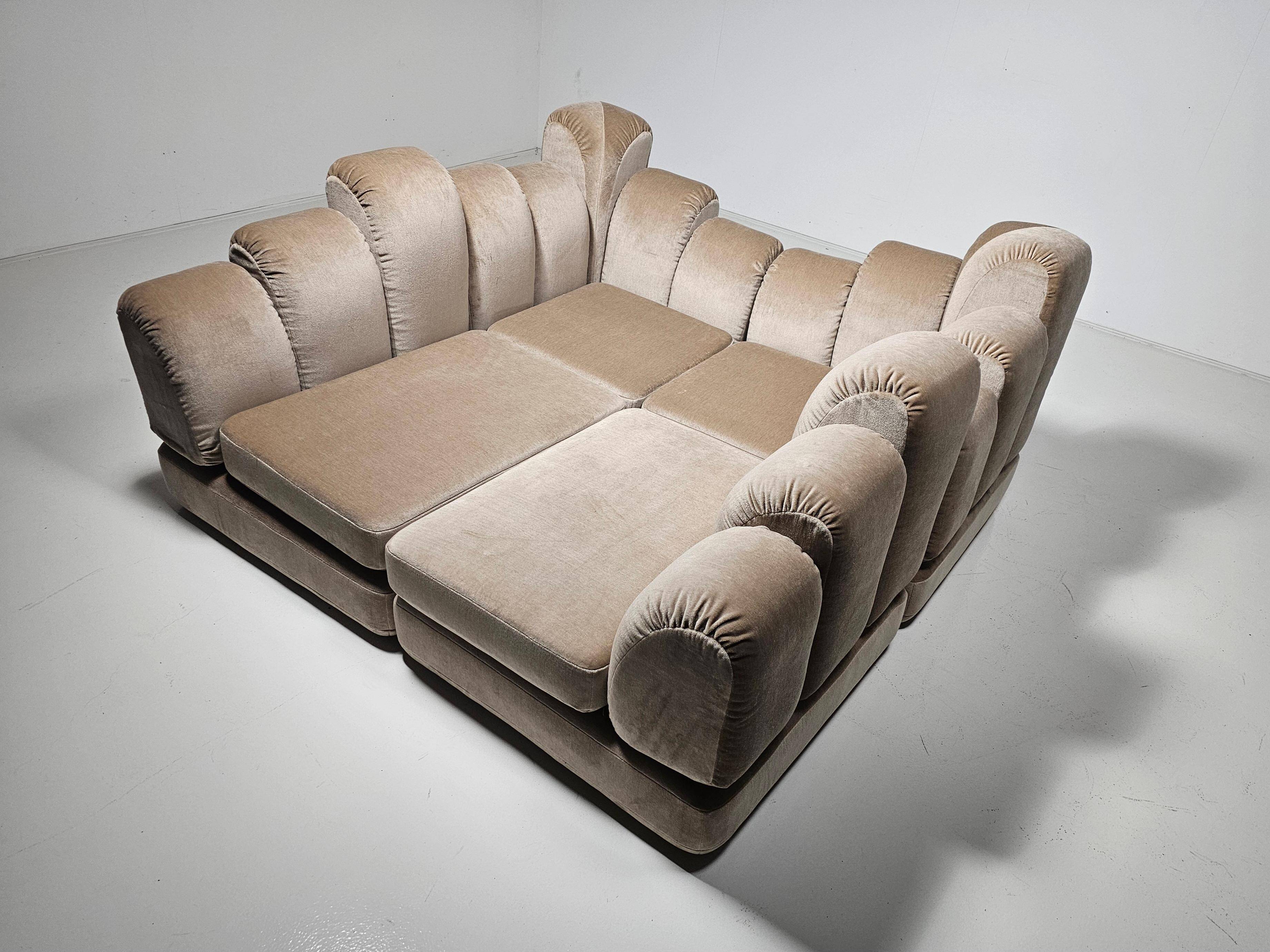 Beige mohair velvet sectional sofa by Hans Hopfer, Roche Bobois.