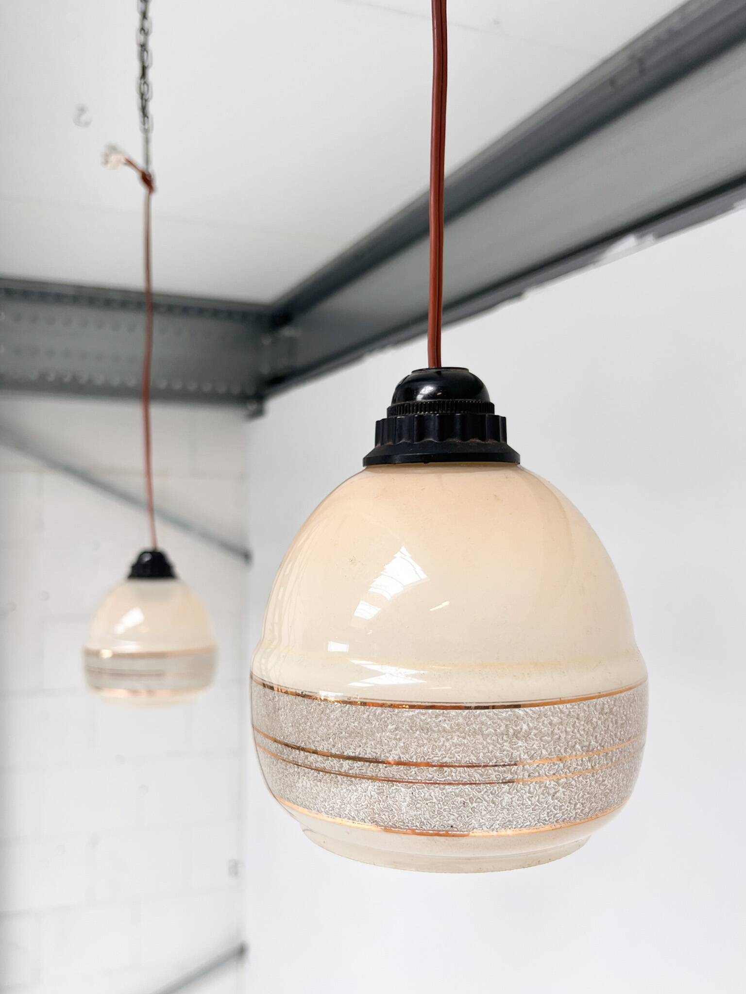 Set of 2 beige with gold colored ceiling lamps, 1960s