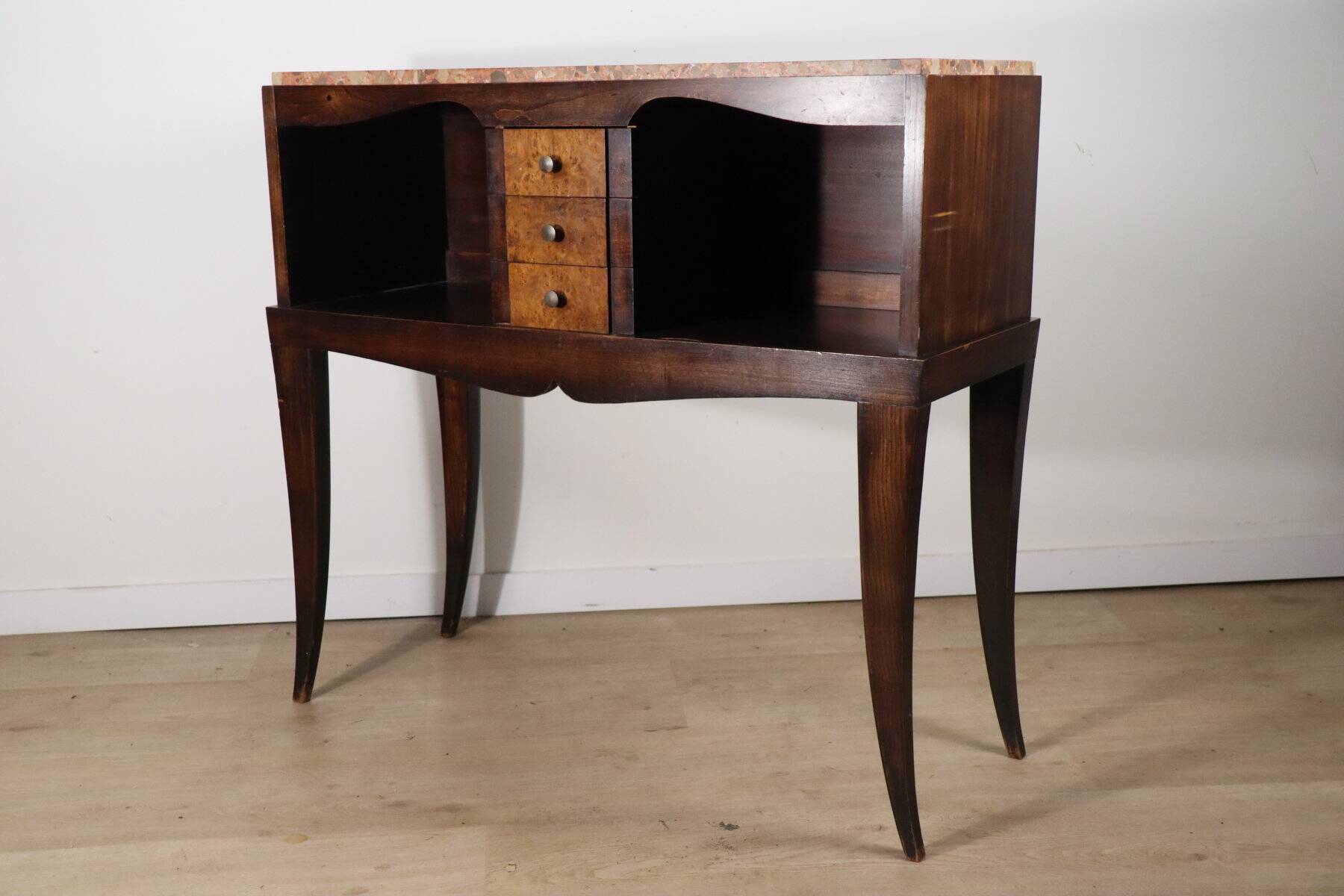 Vintage wooden and marble console table – classic style curved legs, 1950s