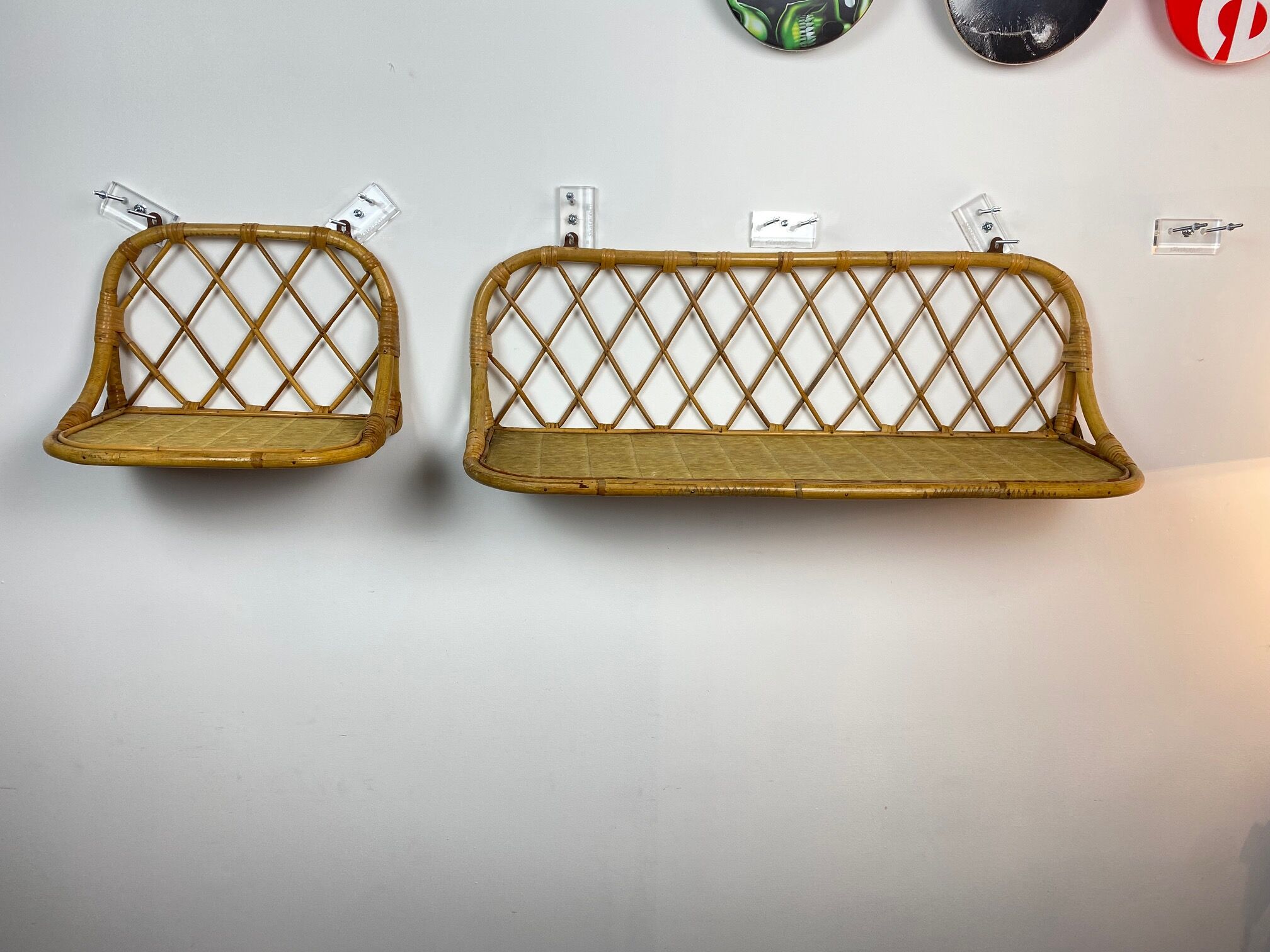 Pair of vintage rattan wall shelves 70s