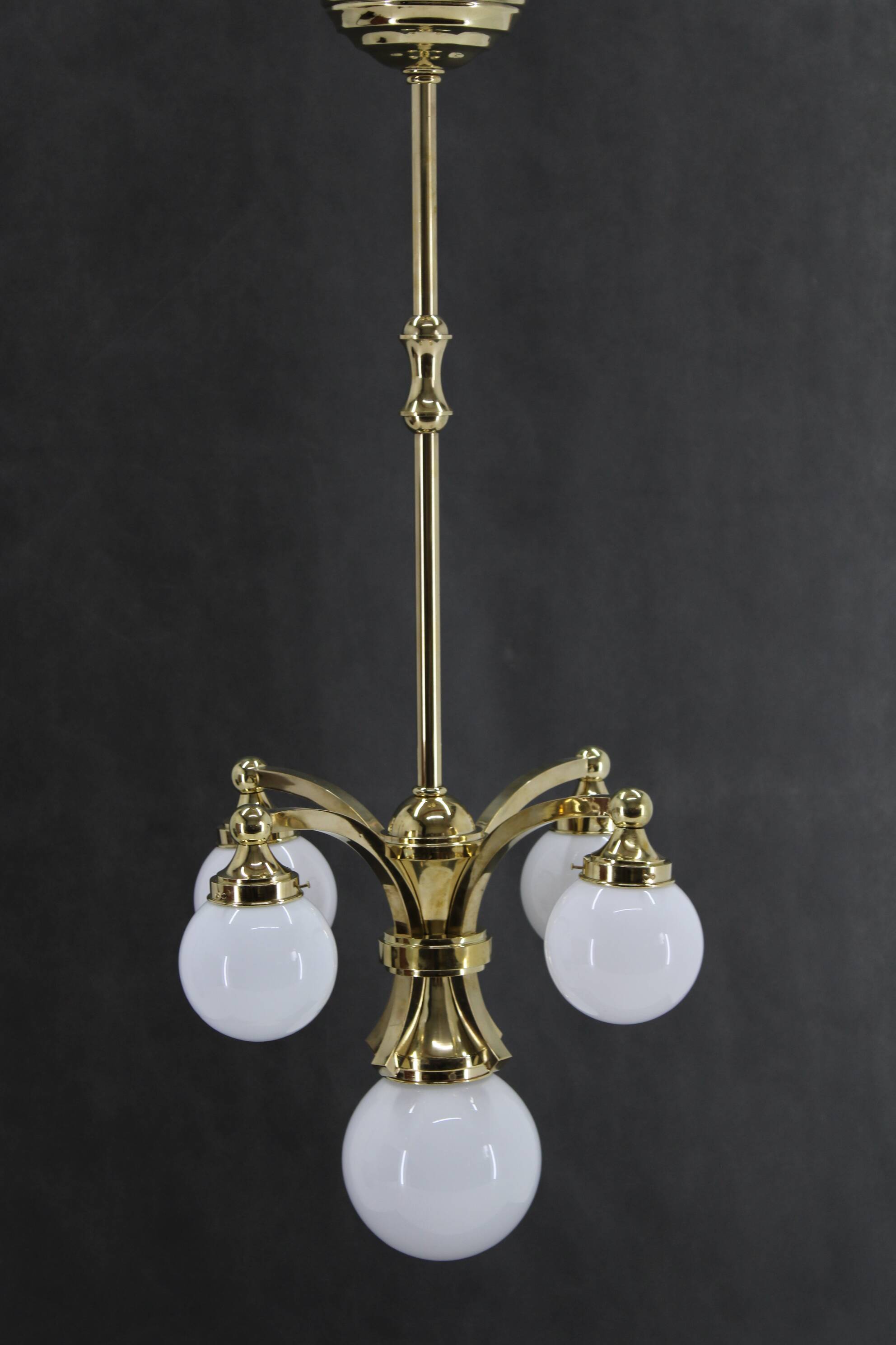 1930s Restored Brass Chandelier, Czechoslovakia