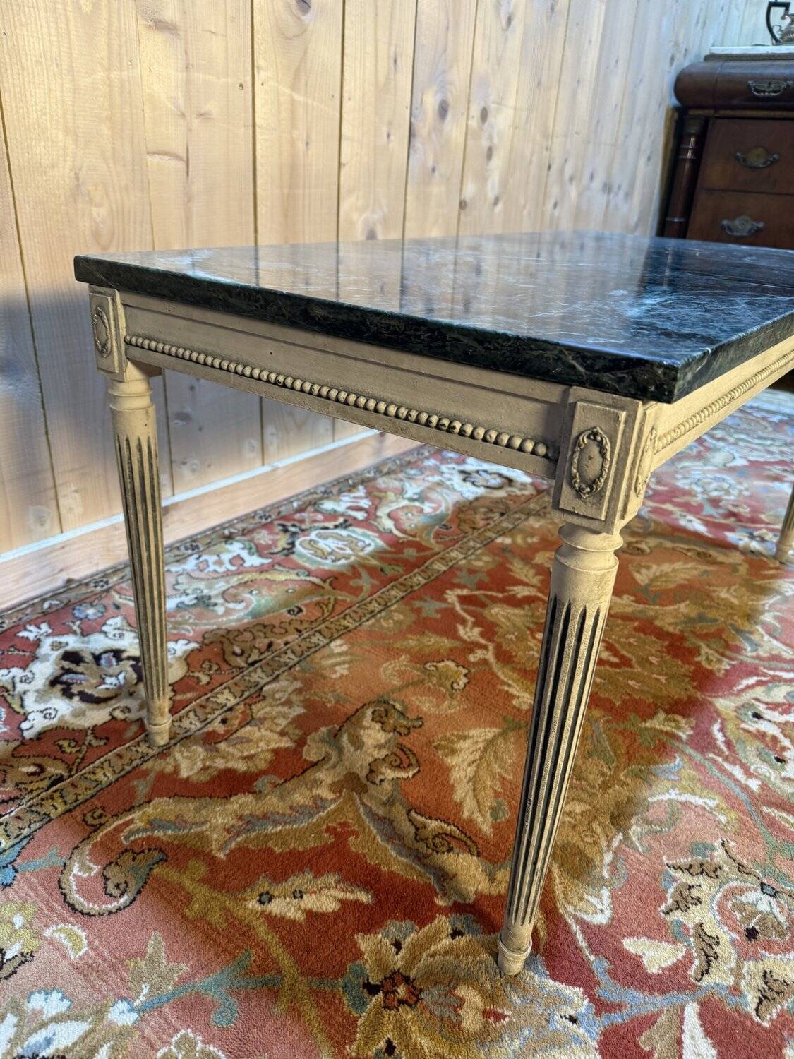 Louis XVI style painted coffee table and green marble