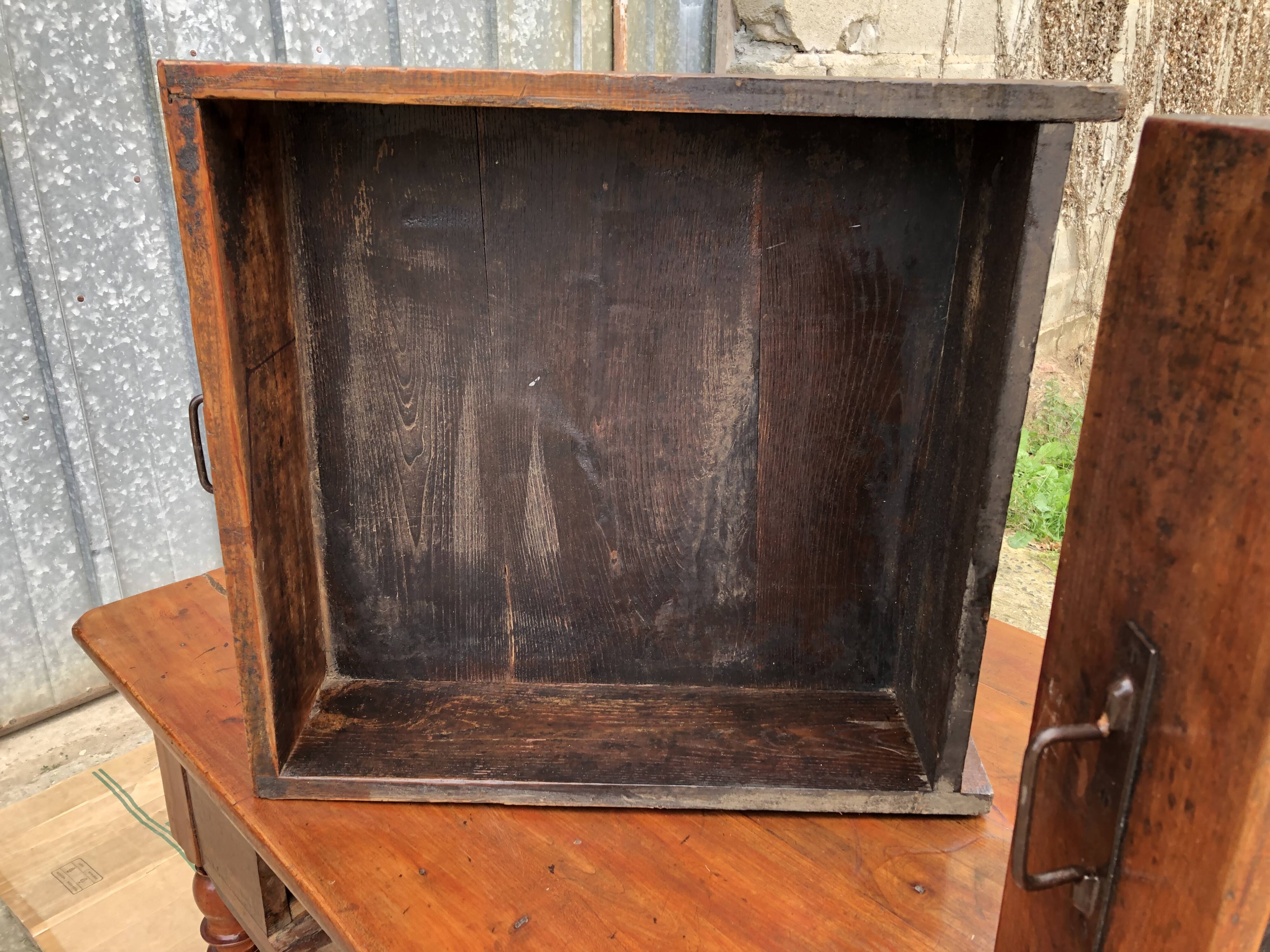 Old farmhouse table in solid cherry wood with 2 front drawers.