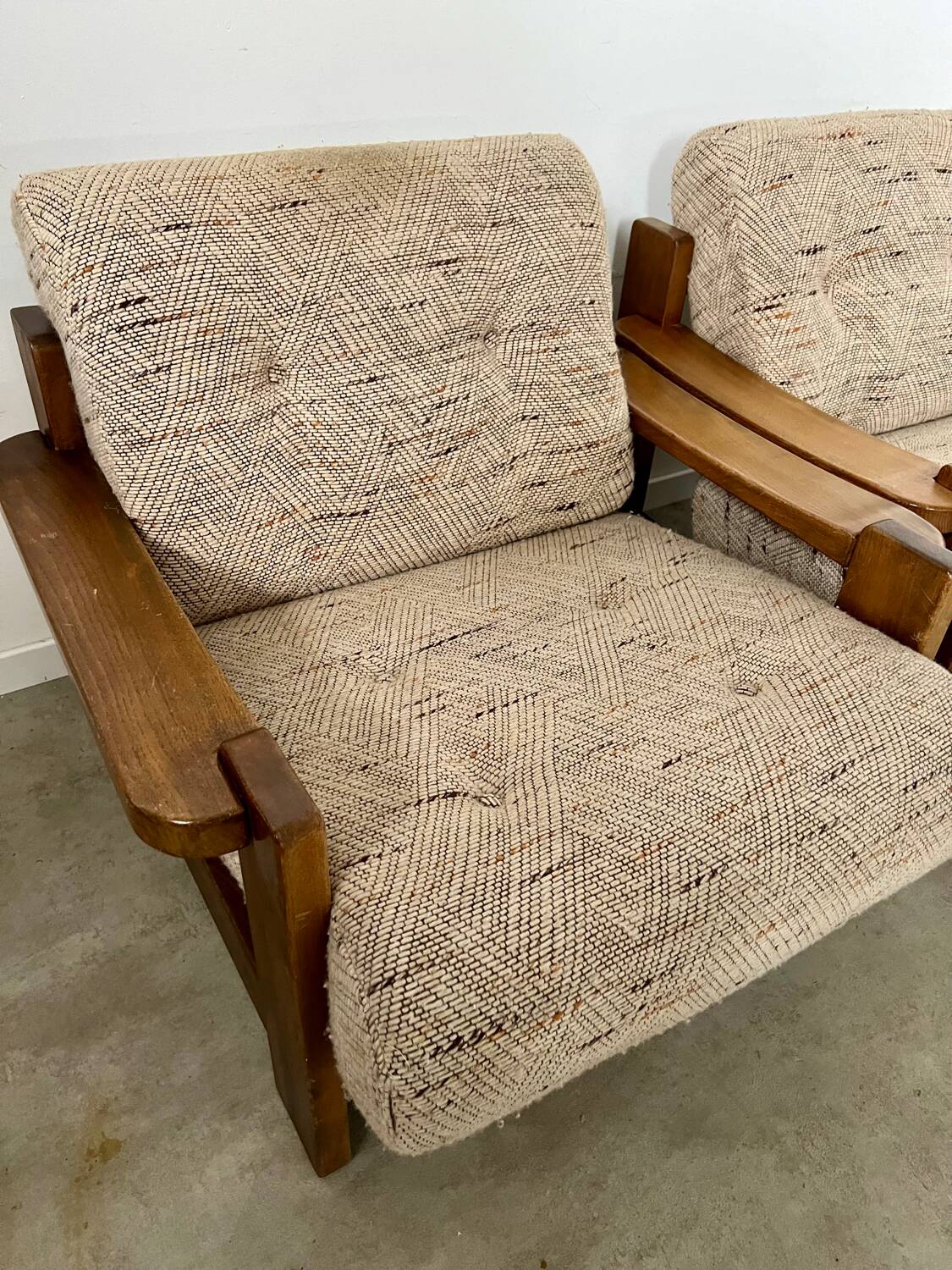 Lot of 2 solid elm armchairs, Maison Regain design, 70s vintage