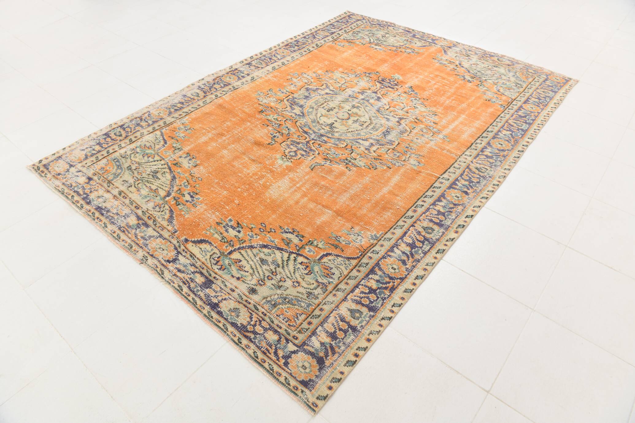 7x9 Orange & Cream Oriental Pattern Vintage Rug, 202x282Cm