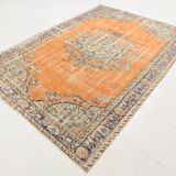 7x9 Orange & Cream Oriental Pattern Vintage Rug, 202x282Cm