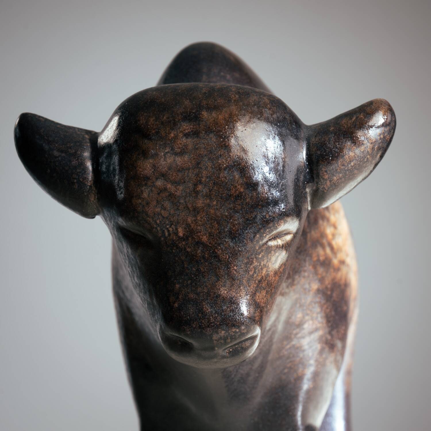 Brown glazed bull sculpture by Ed Ruscha, 1970s ceramic art