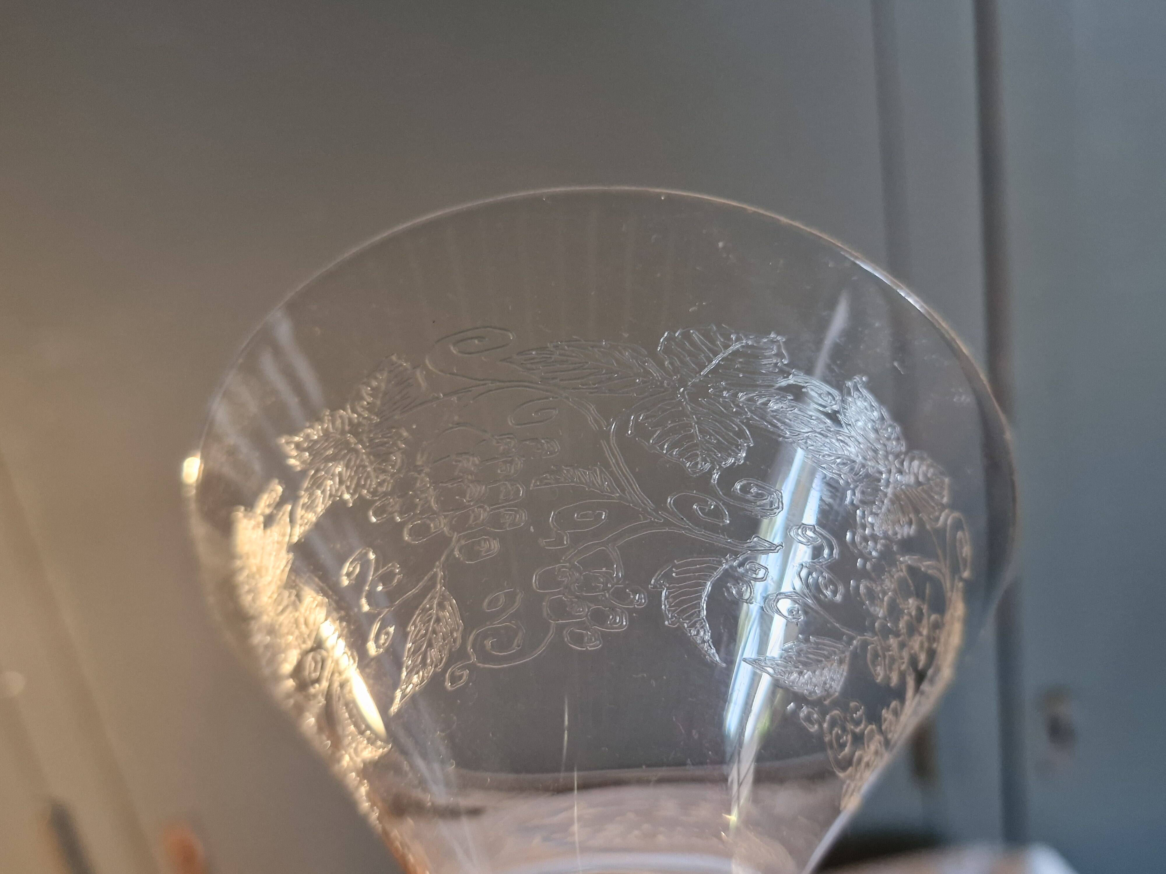 7 Art Deco crystal champagne coupes, grape clusters (+ 2 gifts)