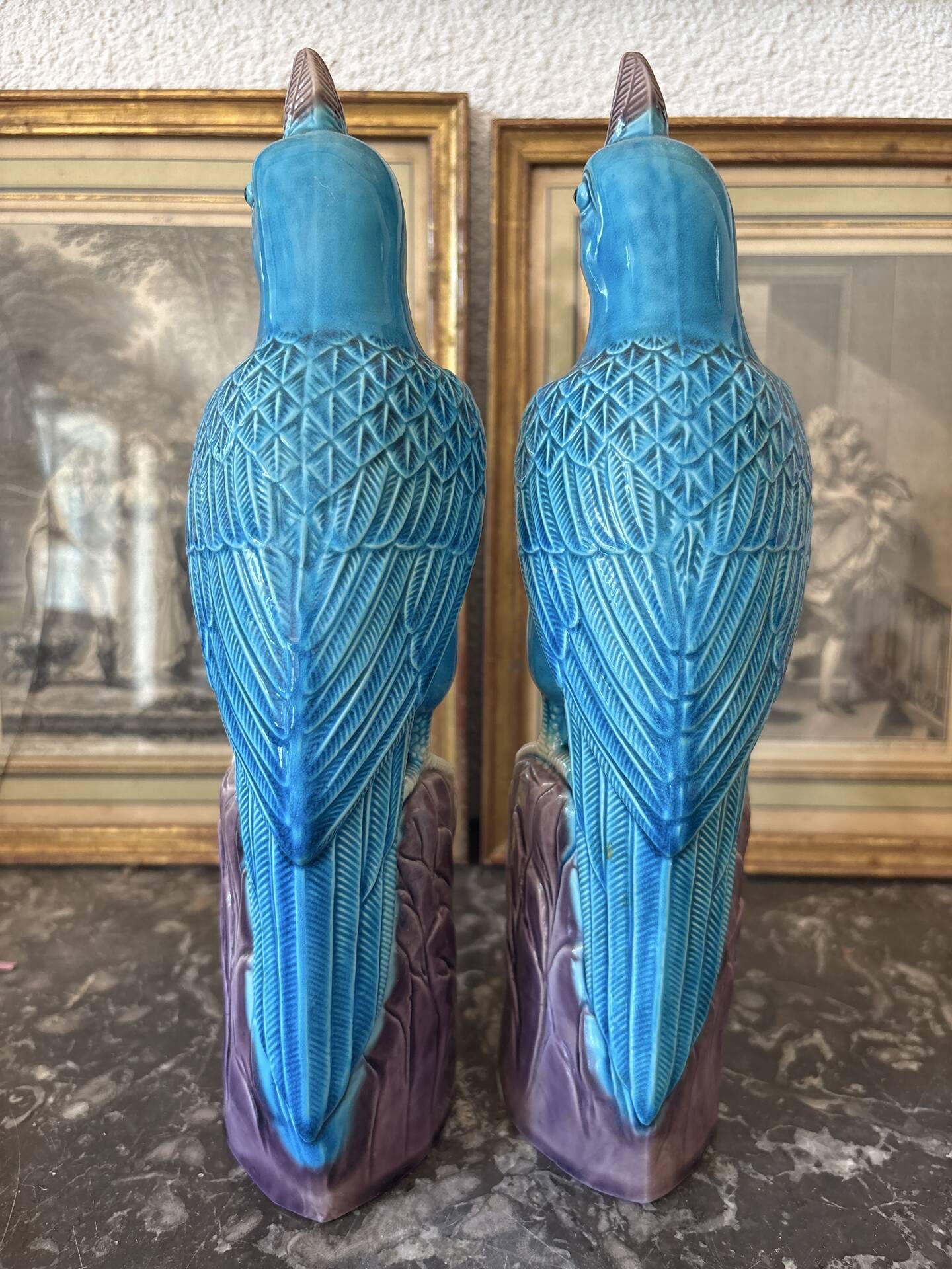 Rare pair of enamelled Chinese porcelain cockatoo parrots.