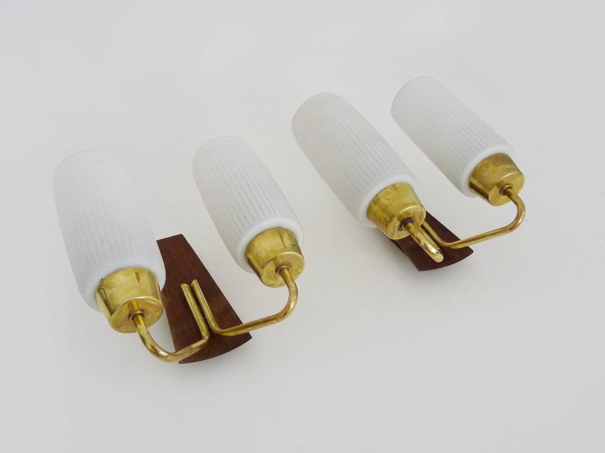 Pair of Scandinavian wall sconces in teak, brass and opaline glass globe