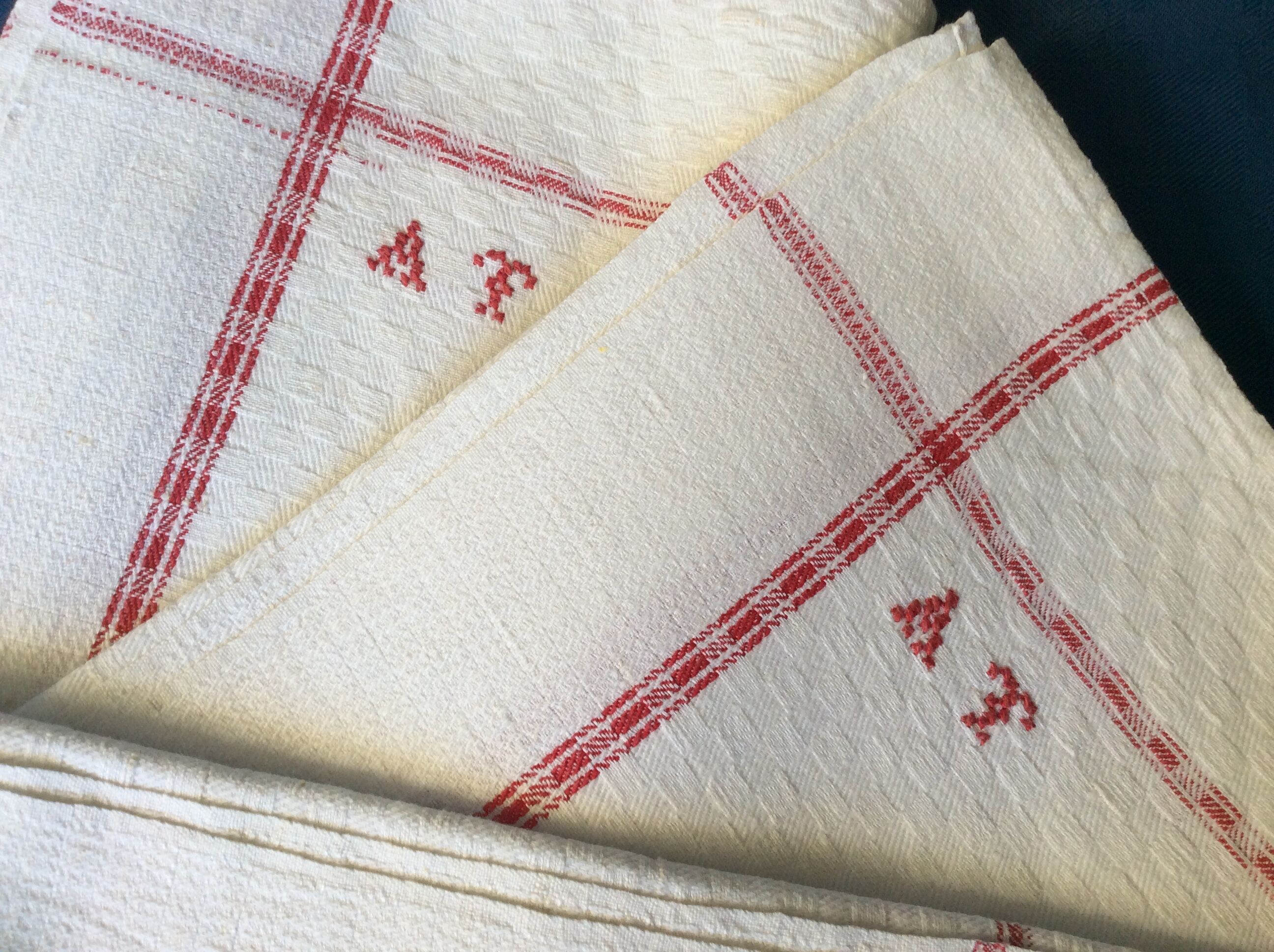 5 old tea towels, red monogram, vintage kitchen