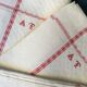 5 old tea towels, red monogram, vintage kitchen