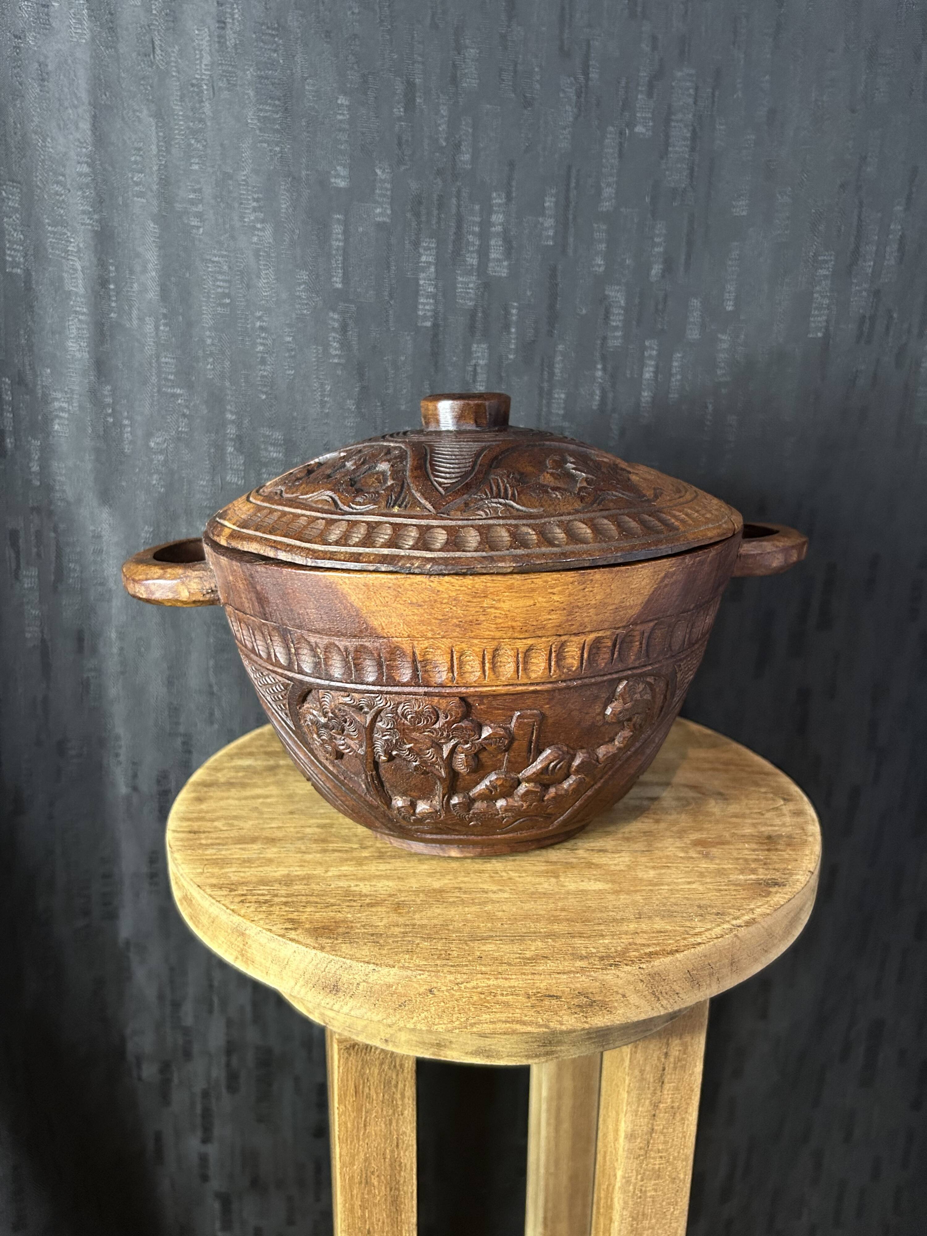 African Art - Madagascar - Vintage - Covered Pot - Carved Rosewood - 1950