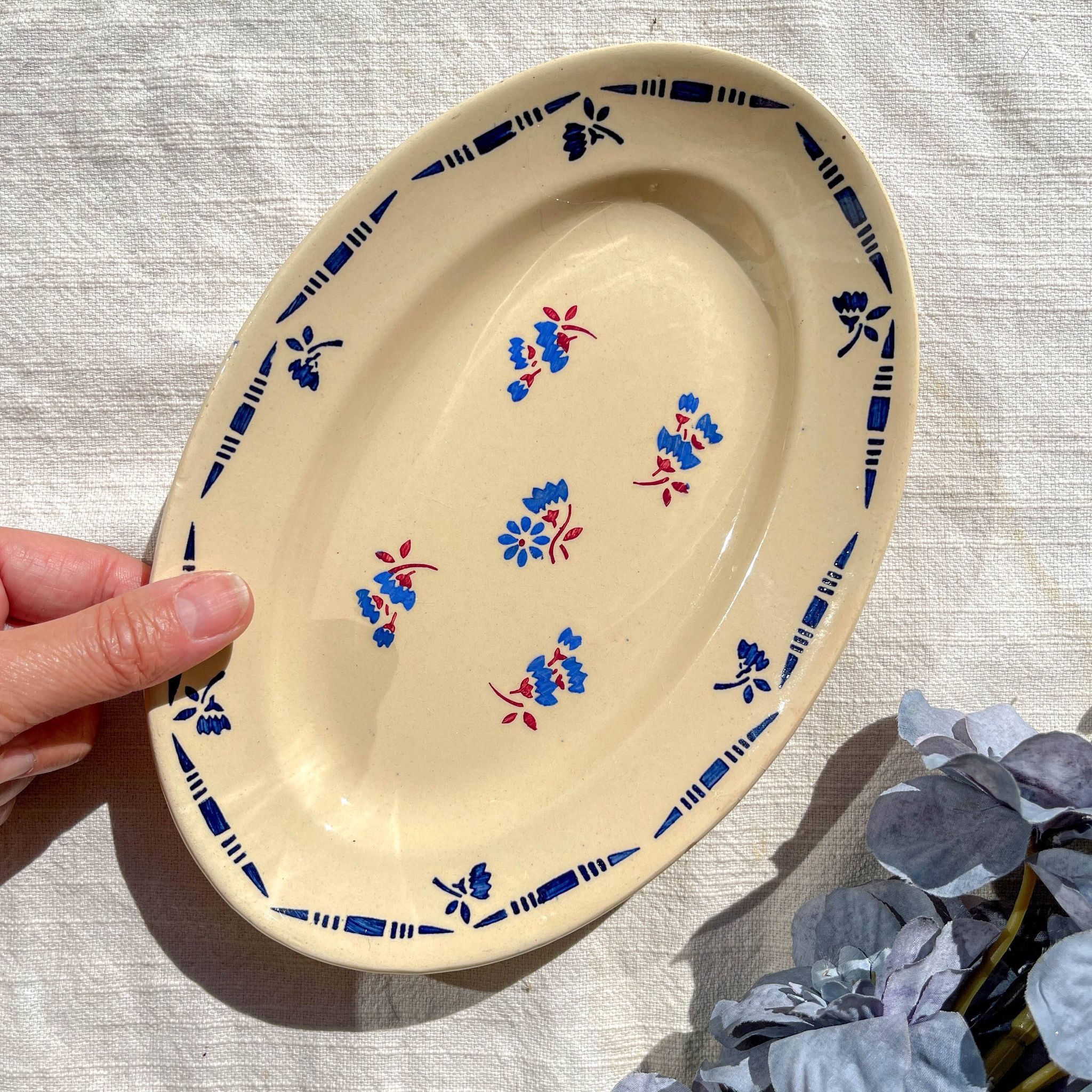 Vintage K&G Luneville "Flore" porcelain dish, 1950s, small blue flowers