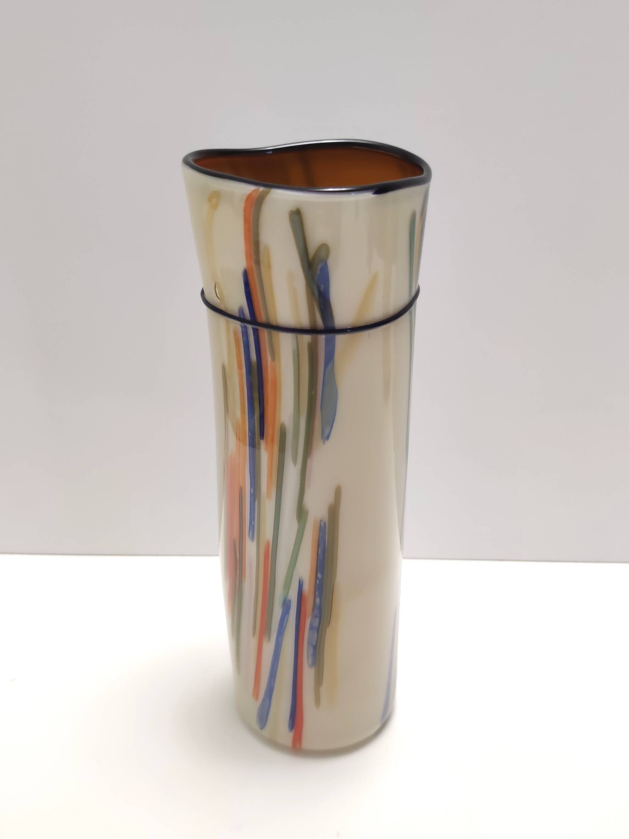 Beige Cylindric Encased and Hand-blown Opaline Glass Vase, Italy
