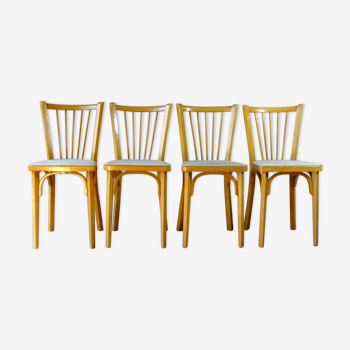 Lot de 4 chaises Baumann bistrot skaï beige 1970 chêne clair