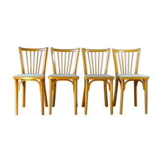 Set of 4 chairs Baumann bistro skaï beige 1970, light oak