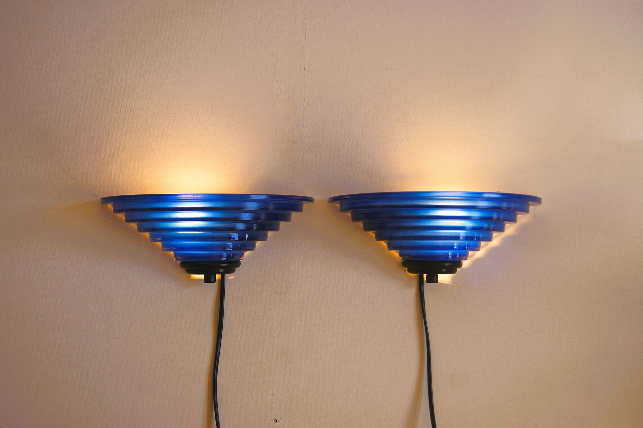 Pair of 1980's Art Deco Inspired Cobalt Blue Glass Sconces - Design Light