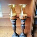 Paire de bougeoirs en bois et verre ancien